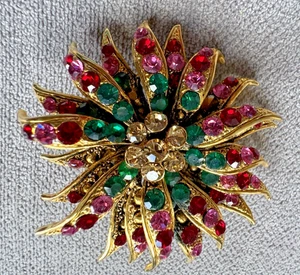 GOLD & BUNTE STRASS BLUMEN BROSCHE ANSTECKNADEL GROSS SEHR EINZIGARTIG SELTEN - Bild 1 von 16