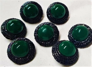 LOT OF 7 ANTIQUE GREEN AND BLACK GLASS CABOCHON BUTTONS ON RESIN 23mm / E4 - Picture 1 of 2