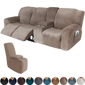 Stretch Velvet 3-Seater Recliner Sofa Covers Middle Console Slipcover 10-Piece - Picture 1 of 21