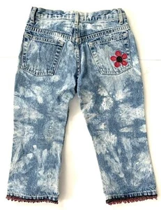 VTG Gap Jeans Girls 6 Crop Tie Dye Bleached Beaded Fringe Hem Flower Boho Y2K - Picture 1 of 7