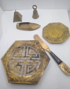 Lot of Brass Asian Antique or Vintage Items, Trivet, Ashtray, Bells, Yin Yang - Picture 1 of 20