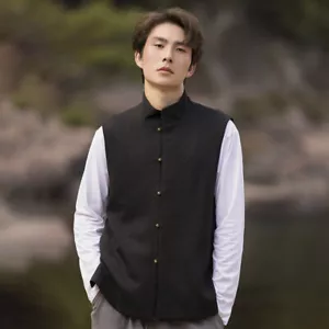 Chinese Style Sleeveless Vest Men Retro Cotton Waistcoat Tang Suit Button Jacket - Picture 1 of 14