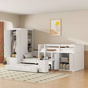 Twin Wooden Bunk Bed with Trundle, Cabinet, Wardrobe, Desk and Drawers, White - Picture 1 of 12