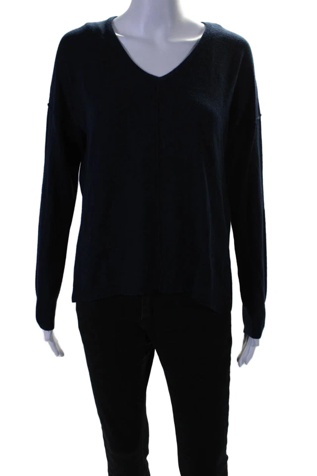 Feel The Piece Womens Long Sleeve Side Slit V Neck Sweater Blue Cotton One Size - Image 1 of 4