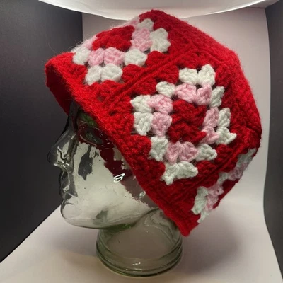 奶奶方形 BEANIE 帽子女士手工钩针针织适合大头发红色 — 第 1/4 张图片