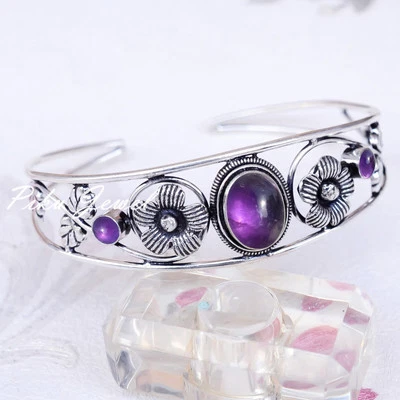 Bracciale in argento sterling 925 con pietre preziose ametista africana... - Immagine 1 di 4