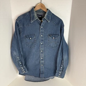 Vintage Wrangler Denim Pearl Snap Button Up Shirt, 16 1/2-33, X-Long Tails, Blue - Picture 1 of 6