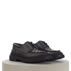 DIOR 1100$ Black Leather Explorer Boat Shoes - Oblique Jacquard Upper - Picture 1 of 12