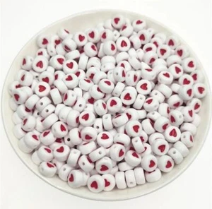 Red Heart Beads Flat Round White Coin Bright Red Heart 7mm x 4mm Plastic 100pcs - Picture 1 of 6