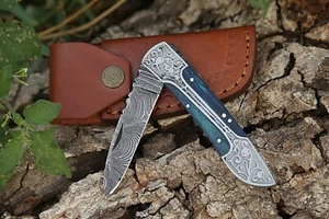 Damascus handmade Folding Knife Pocket knife camping Hunting Knife with Pouch - Picture 1 of 10