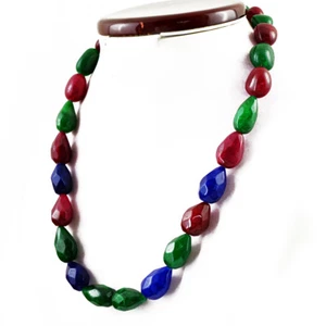 Earth Mined ENHANCED Ruby, Emerald & Sapphire Faceted Beads Necklace -NK30-MF7 - Picture 1 of 3