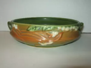Roseville U.S.A. 1940's SNOWBERRY Green Orange and Cream Round Dbl Handle Bowl - Picture 1 of 6