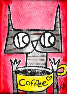 Print of Original ACEO Painting Cat Miniature Coffee Art Card By Samantha McLean - Picture 1 of 1