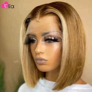 Reddish Brown Colored Human Hair Short Bob Wig Lace Frontal Human Hair Wig Remy - Picture 1 of 14