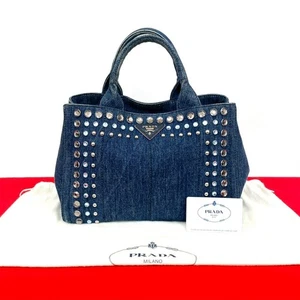 PRADA Canapa Triangle logo Metal Bijou Handbag denim blue 46985 - Picture 1 of 9
