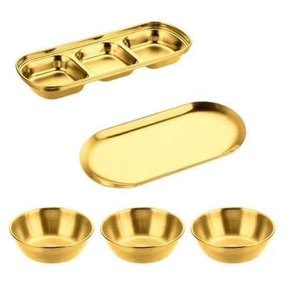5 Pc Stainless Steel Sauce Dish Set with Storage Tray for Efficient Use - Image 1 of 4