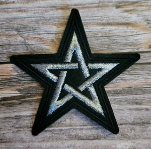 Silver Star Witchy Occult Pentagram Goth Embroidered Iron on Patch - Picture 1 of 4