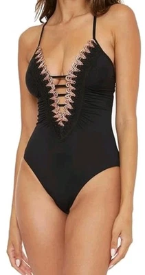 Traje de baño BECCA para mujer Delilah con ribete de ganchillo atado, negro, pequeño $138 Foto 1 de 4