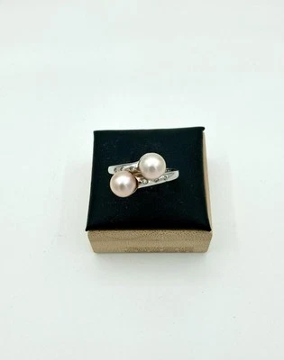 Anillo Doble Perla Rosa y Piedras Incrustadas Plata de Ley 925 Talla 8 Foto 1 de 4