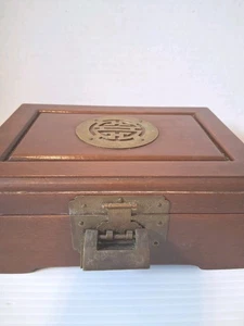 Vintage Chinese Wood Jewelry Dresser Box Ornate Brass Mounts & Puzzle Bar Lock - Picture 1 of 24