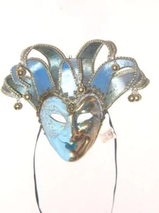 BLUE GOLD JOKER CARNIVAL VENETIAN MASQUERADE MASK MADE IN ITALY - Picture 1 of 3