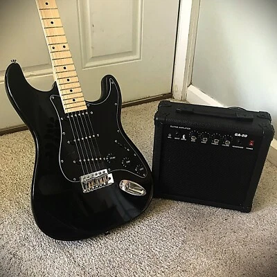 Black Electric Guitar Starter Package with 20-Watt Amp, Full-Size, Strat Style - Image 1 of 4