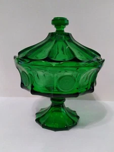FOSTORIA COIN GLASS 8.5" X 8.5" X 10.25" COVERED COMPOTE EMERALD GREEN - Picture 1 of 11