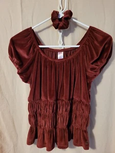 Justice Girls Puff Short Sleeve Smocked Top, Sizes XL Plus 16P/18P Burgandy - Picture 1 of 4
