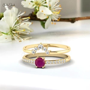 Genuine 0.23 Ct Ruby July Birthstone Ring With 14k Gold Diamond Engagement Band - Picture 1 of 23
