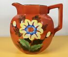 Orange Hand Painted Octagon Water Pitcher Japanese Yellow Blue Floral 5” Tall