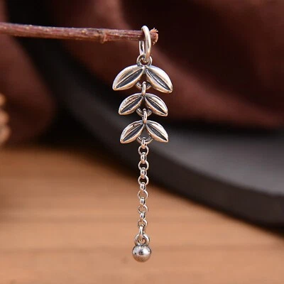 Women Simplicity Real 925 Sterling Silver Lucky Chain Tassel Wheat Leaf Pendant - Image 1 of 4