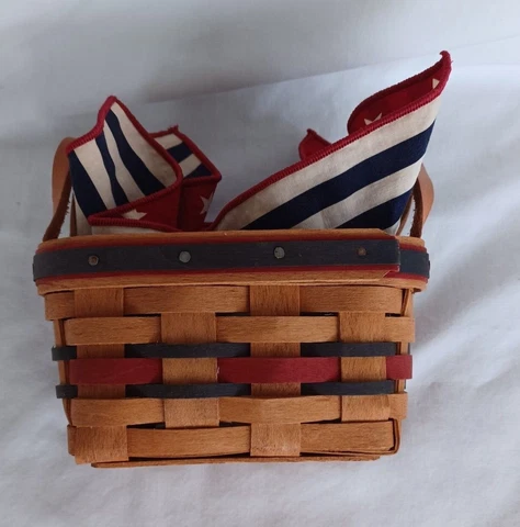 Longaberger tea basket with protector and patriotic liner Leather Handles Signed Cover