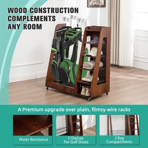 35.5''x18''x40''Wooden Golf Bag Organizer Storage Rack Holds 2 Golf Bags - Picture 1 of 12