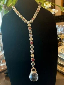 VINT NECKLACE 18”- 25” WITH 8” PENDANT FAUCETED CRYSTAL BALL COLORED RHINESTONE - Picture 1 of 8
