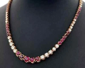 25 Ct Round Cut Lab Created Red Ruby Link Tennis Necklace 14K Yellow Gold Plated - Picture 1 of 5
