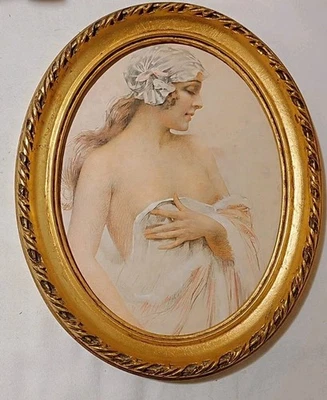 Cadre En Bois Doré Ovale Vintage Scène De Nu - Photo 1/4