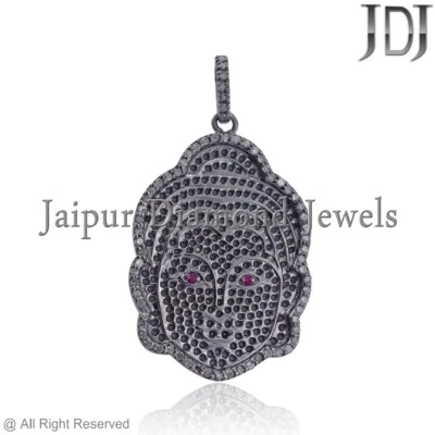 Natural Brown Diamond Ruby Buddha Pendant Gray Silver Handmade Religious Jewelry - Image 1 of 4