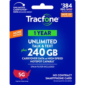 Tracfone 384 $ appels et textos illimités, 240 Go de données / 365 jours (carte physique) - Photo 1 sur 5