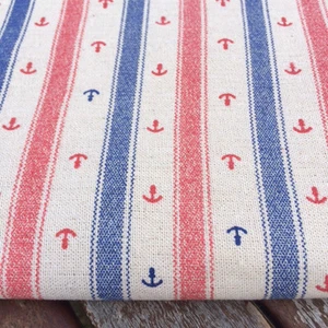 307.Red Blue Anchor Nautical LINEN - Cotton Fabric. Price per 1/2 metre - Picture 1 of 2