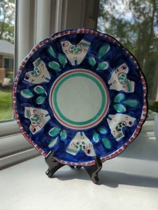 Piatto Vietri Solimene Campagna Pollo Uccellino 10" Bordo Blu Punto Rosso Italia - Foto 1 di 8
