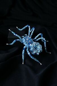 Beaded spider brooch White Blue insect jewelry Halloween Embroidered brooch Hall