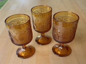 Vintage Tiara Indiana Glass Amber Sandwich 4 oz. Footed Wine Goblets Set of 3 - Picture 1 of 22