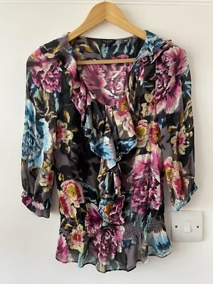 Ted Baker 100% Silk Black Floral Blouse Top V-neck 3/4 Sleeve Tunic Size 1 UK 8 - Image 1 of 4