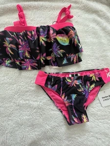 Hurley Tiered Bikini Swimsuit 2 Piece Set Size S 8-10 Yrs New Palms UPF 50 + - Picture 1 of 3