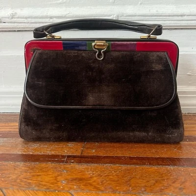 ROBERTA DI CAMERINO De Colección Años 60 Raro Diseñador Italiano Bolso de Mano Cartera Terciopelo Marrón Foto 1 de 4