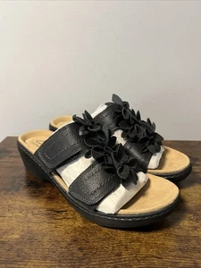 NUEVAS Sandalias Clarks Collection Merliah Raelyn NEGRAS Cuero Cuña Floral Talla 8.5 - Imagen 1 de 6
