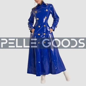 Women's Blue PVC Vinyl Trench Coat – Double Breasted Long Rain Jacket - Picture 1 of 4