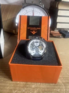 Stuhrling Men's Watch Blue Leather Automatic 90365 With Box 22 Jewel - Picture 1 of 17