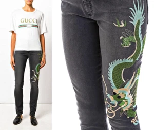 GUCCI Dragon embroidered black wash denim skinny jeans  sz US XXS/ IT 23   $1410 - Picture 1 of 12