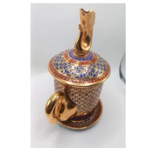 Christmas Gift Benjarong Swan Bird Mug Porcelain Lid & Saucer Set Hand Painted - Picture 1 of 14